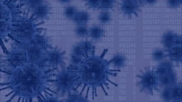 加工データを用いて青色の背景に浮かぶマクロCovid 19細胞のアニメーション コロナウイルスCovid 19パンデミックコンセプトデジタル複合体 — ストック動画