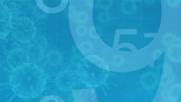 Анімація Макроклітин Плавають Синьому Фоні Яскравими Числами Coronavirus Covid Пандемічна — стокове відео