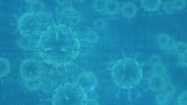 Animation des cellules macro Covid-19 flottant sur fond bleu avec traitement des données. Coronavirus Covid-19 pandémie concept composite numérique