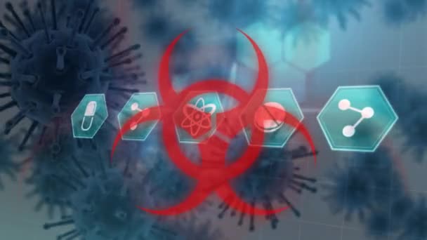 一个红色的生物危害图标的动画闪烁着巨大的Covid 19细胞漂浮在医疗图标的背景 Coronavirus Covid 19大流行病概念数字组合 — 图库视频影像