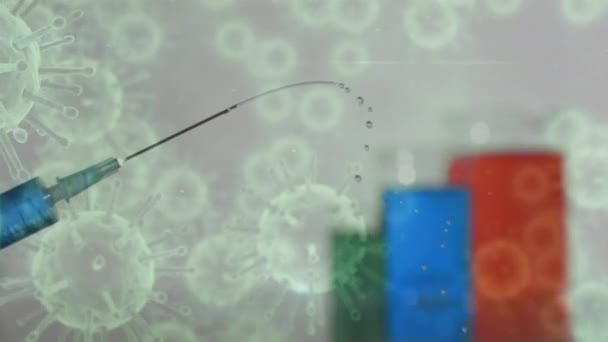 Animazione Cellule Covid Galleggianti Sfondo Bianco Con Una Siringa Grafico — Video Stock