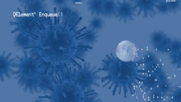 加工データと地球モデルで青色の背景に浮かぶマクロCovid 19細胞のアニメーション コロナウイルスCovid 19パンデミックコンセプトデジタル複合体 — ストック動画