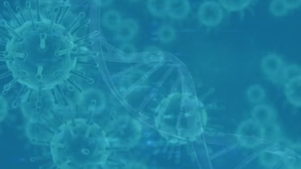 Animation de cellules covid-19 flottant sur fond bleu avec un modèle ADN. Coronavirus Covid-19 pandémie concept composite numérique.