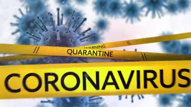 言葉で黒と黄色の縞のアニメーション警告 Quarantine Coronavirus白い背景に浮かぶマクロ細胞モデル上に落ちます コロナウイルスCovid 19パンデミックコンセプトデジタル複合体 — ストック動画