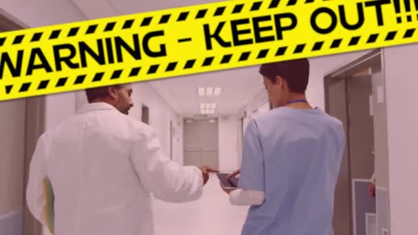 Анімація Чорно Жовтих Смуг Словами Warning Keep Out Quarantine Падаючи — стокове відео