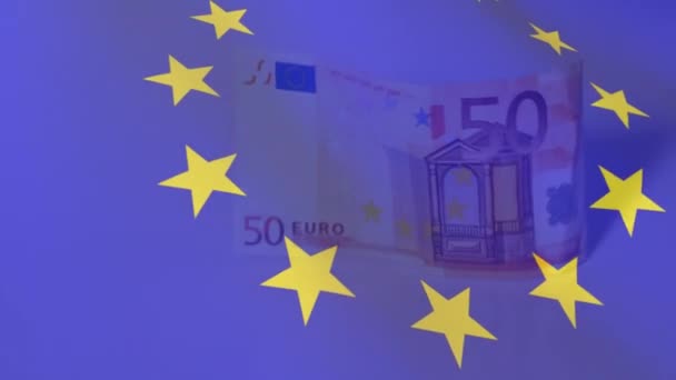 飘扬的欧盟旗帜飘扬在欧元钞票上 全球金融和商业概念数字生成的图像 — 图库视频影像