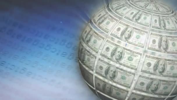米ドル紙幣が回転し グラデーション状の青の背景で金融データ処理が行われて形成された地球のアニメーション グローバルファイナンスとビジネスコンセプトデジタル的に生成されたイメージ — ストック動画