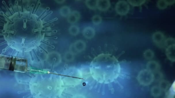 Animering Covid Celler Flyter Blå Bakgrund Med Närbild Sprutan Coronavirus — Stockvideo