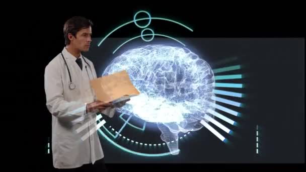 Animación Médico Mirando Través Archivo Documentos Sobre Cerebro Humano Hecho — Vídeos de Stock