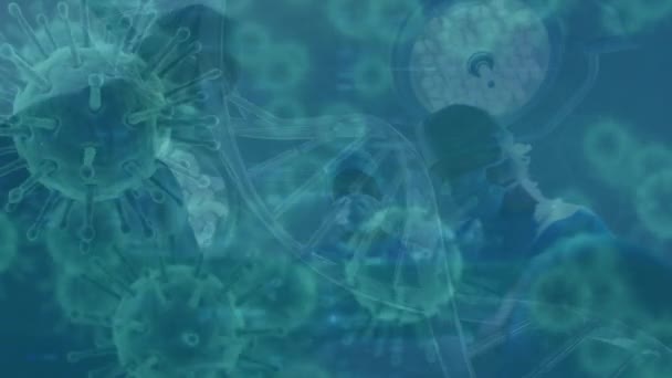 Animação Células Covid Flutuando Fundo Azul Com Modelo Dna Coronavirus — Vídeo de Stock