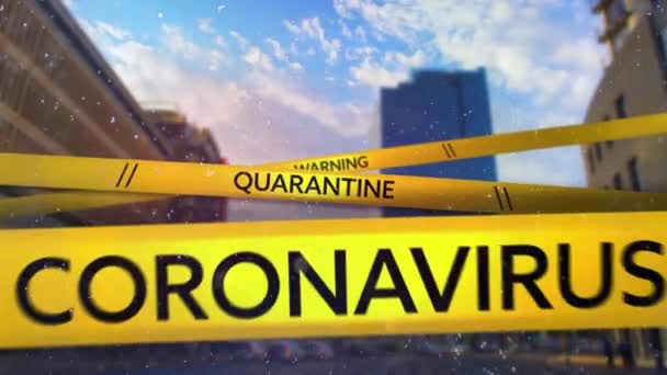 言葉で黒と黄色のストライプのアニメーション警告 Quarantine Coronavirusは 時間の経過とともに街の通りの景色に落ちます コロナウイルスCovid 19パンデミックコンセプトデジタル複合体 — ストック動画