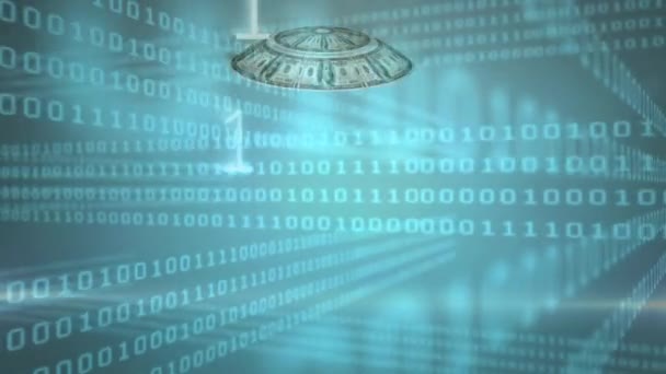 Animation du globe formé de billets en dollars américains filés et traitement de codage binaire sur fond bleu dégradé. Global finance et concept d'entreprise image générée numériquement.