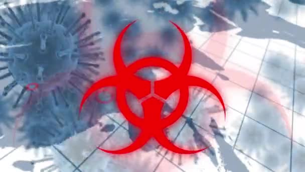 Animation Red Biological Hazard Icon Flashing Macro Covid Cells Floating — Stock Video