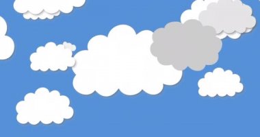 Beyaz ve gri bulutların kesiklerinin animasyonu arka planda mavi gökyüzünde kusursuz bir döngü içinde hareket ediyor. Gökyüzü yaz konsepti dijital olarak oluşturulmuş görüntü.