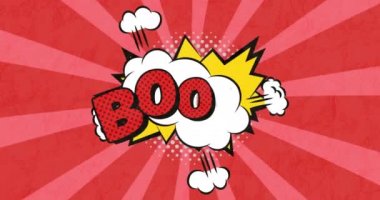 Boom ile klasik çizgi film konuşma balonunun animasyonu! Kırmızı çizgili arkaplanda kırmızı ile yazılmış metin. Retro pop sanatları iletişim konsepti dijital olarak oluşturuldu.