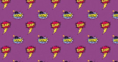 Zap 'le birden fazla klasik çizgi film konuşma baloncuğu animasyonu! Ve Boom! Mor arkaplan üzerinde hareket eden metin. Retro pop sanat oluşum kavramı dijital olarak oluşturuldu.