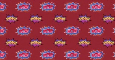 Pow 'la birden fazla klasik çizgi film konuşma baloncukları canlandırması! Vay canına! Kırmızı arkaplan üzerinde hareket eden metin. Retro pop sanat oluşum kavramı dijital olarak oluşturuldu.