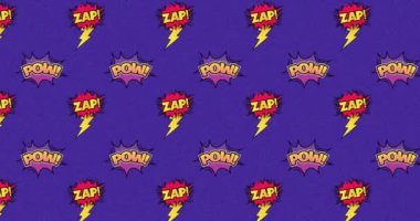 Pow 'la birden fazla klasik çizgi film konuşma baloncukları canlandırması! Ve zap! Mor arkaplan üzerinde hareket eden metin. Retro pop sanat oluşum kavramı dijital olarak oluşturuldu.