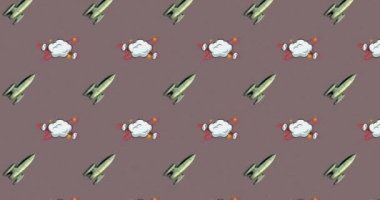 Çoklu klasik çizgi roman uzay roketi animasyonu ve kahverengi arka planda hareket eden bulut simgeleri. Retro pop sanat oluşum kavramı dijital olarak oluşturuldu.