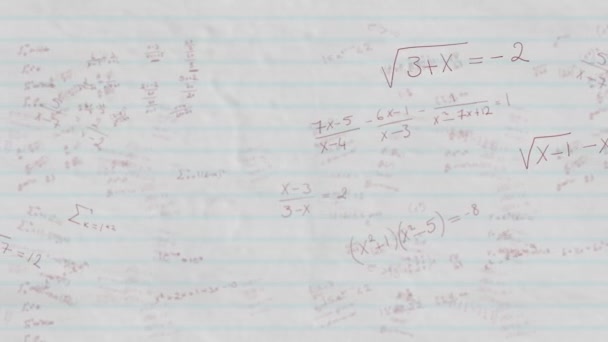 Animação Equações Matemáticas Flutuantes Manuscritas Vermelho Sobre Papel Branco Fundo — Vídeo de Stock