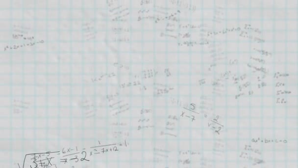 Animation d'équations mathématiques flottantes manuscrites en noir sur papier carré blanc en arrière-plan. Concept de science et de recherche image générée numériquement.
