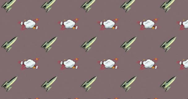Animation Multiple Vintage Comic Cartoon Space Rocket Cloud Icons Moving — Stock Video