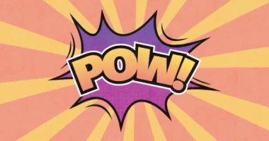 Pow 'la klasik çizgi film konuşma balonunun animasyonu! Sarı çizgili arkaplanda sarı harflerle yazılmış metin. Retro pop sanatları iletişim konsepti dijital olarak oluşturuldu.