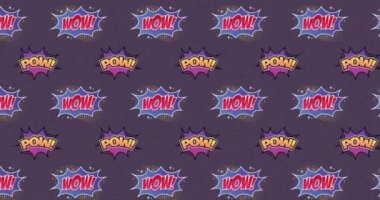Pow 'la birden fazla klasik çizgi film konuşma baloncukları canlandırması! Vay canına! Mor arkaplan üzerinde hareket eden metin. Retro pop sanat oluşum kavramı dijital olarak oluşturuldu.