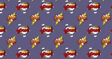 Zap 'le birden fazla klasik çizgi film konuşma baloncuğu animasyonu! Ve Boom! Mor arkaplan üzerinde hareket eden metin. Retro pop sanat oluşum kavramı dijital olarak oluşturuldu.