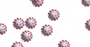 Beyaz arka planda yayılan çoklu koronavirüs Covid 19 makro hücrelerinin animasyonu. Halk sağlığı salgını Coronavirus Covid-19 salgını dijital olarak üretilen görüntü kavramı. 