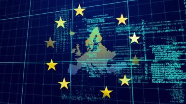 Mavi arka planda Avrupa 'da hareket eden yıldızlarla ilgili veri işleme animasyonları. Avrupa Birliği bayrağı ve tatil konsepti dijital kompozisyon.