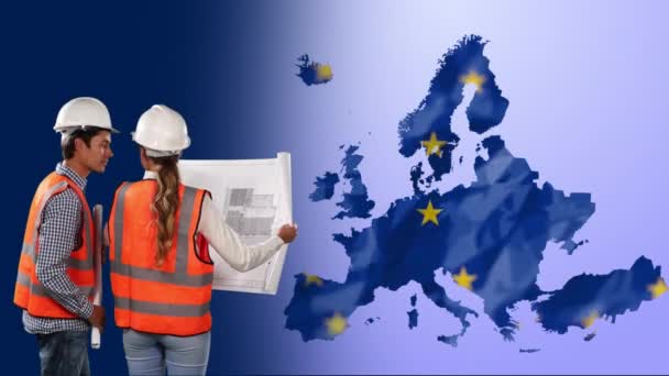 Animation Architectes Mixtes Masculins Féminins Caucasiens Tenant Plan Sur Europe — Video