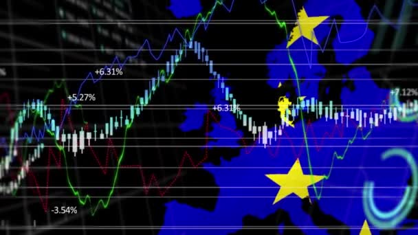 Animace Zpracování Údajů Diagramů Nad Evropou Vytvořených Vlajky Evropské Unie — Stock video