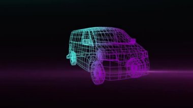 Siyah arka planda pembe parlayan ışık izleriyle dönen yeşil-mor üç boyutlu bir arabanın animasyonu. Makine teknolojisi konsepti dijital olarak oluşturulmuş görüntü.