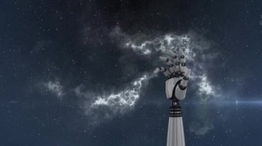 Dönen metalik robot kolunun gece gökyüzünde parlayan noktaya ulaşması ve arka planda yıldızlar olması animasyonu..