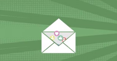 Zarf e- posta simgesinin sosyal medya simgeleriyle hipnotik hareketlerde kusursuz döngü içinde dönen yeşil parlak çizgiler üzerindeki animasyonu. Tekrarlama soyut ve renk kavramı dijital olarak oluşturuldu.