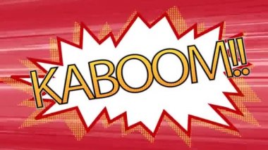 KABOM ile klasik çizgi film konuşma balonunun animasyonu! Kırmızı çizgili arkaplanda sarı harflerle yazılmış metin. Retro pop sanatları iletişim konsepti dijital olarak oluşturuldu.