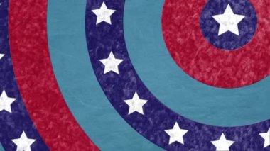 Mavi arka plan üzerinde Amerikan bayrak yıldızları ve çizgileriyle dönen dairelerin animasyonu. Dijital olarak üretilen Amerikan bayrağı vatanseverliği kavramı.