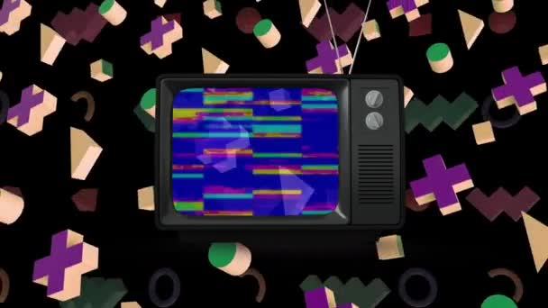 Animazione Televisore Vintage Con Vivaci Strisce Glitch Brillanti Che Tremolano — Video Stock