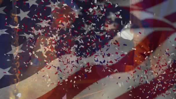 Animation American Flag Waving Confetti Falling Man Working Background American — Stock Video