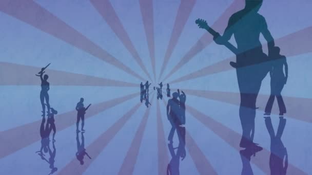 Animatie Van Silhouetten Van Mensen Die Gitaar Spelen Roterende Blauwe — Stockvideo