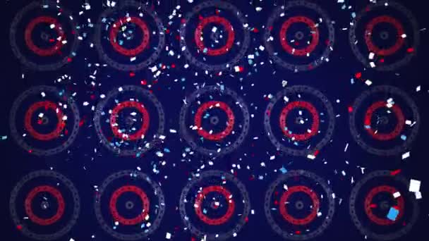 Анимация Конфетти Падающих Ряды Кругов Вращающихся Звездами Американского Флага Полосами — стоковое видео