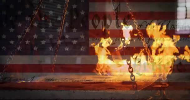 Animation Drapeau Américain Agitant Avec Texte Constitution Américaine Sur Flamme — Video