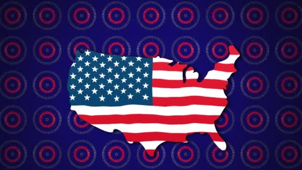 青い背景にアメリカの星条旗と縞模様とアメリカの地図で回転する円の列のアニメーション アメリカの国旗愛国心の概念デジタルで生成されたイメージ — ストック動画