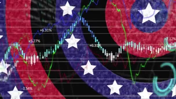 Animación Círculos Girando Con Estrellas Bandera Americana Rayas Con Estadísticas — Vídeos de Stock