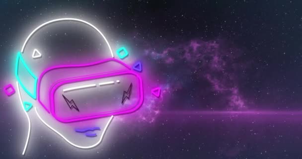 Animation Neon Head Wearing Headset Video Game Screen Flickering Unless — Αρχείο Βίντεο