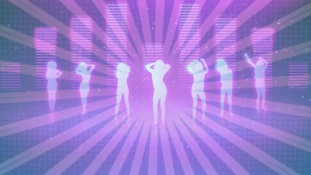 Animación Siluetas Personas Bailando Concierto Música Con Rayas Púrpuras Moviéndose — Vídeos de Stock