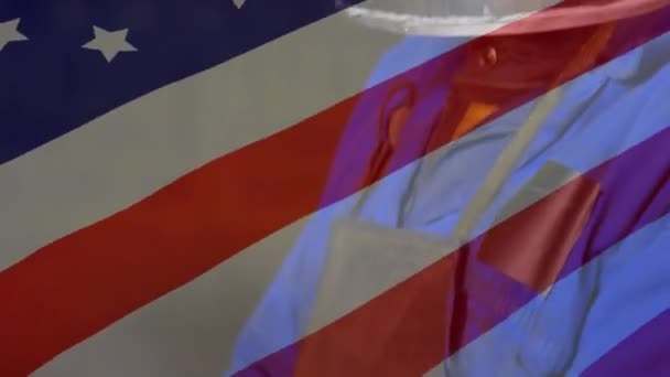 Animation American Flag Waving African American Man Working Factory Wearing — Stock Video