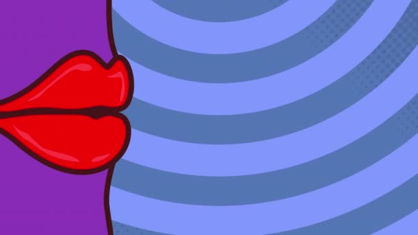 Анимация Комического Лица Речевым Пузырём Вращающимися Синими Ярко Яркими Полосами — стоковое видео