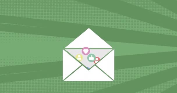 Animação Envelope Ícone Mail Com Ícones Mídia Social Rotativas Listras — Vídeo de Stock